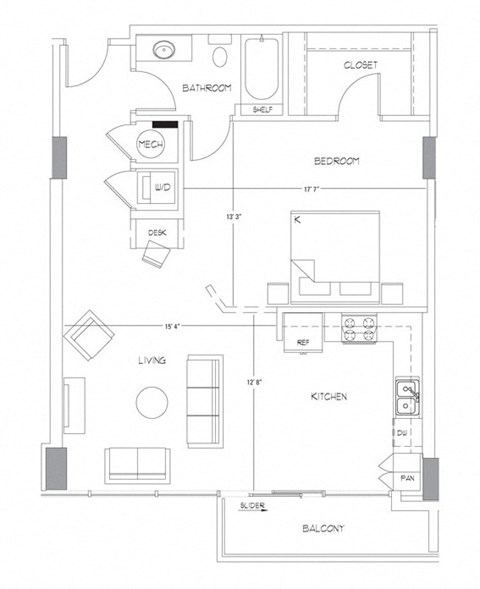 Floor plan for 1 bed, 1 bath, 907 sqft